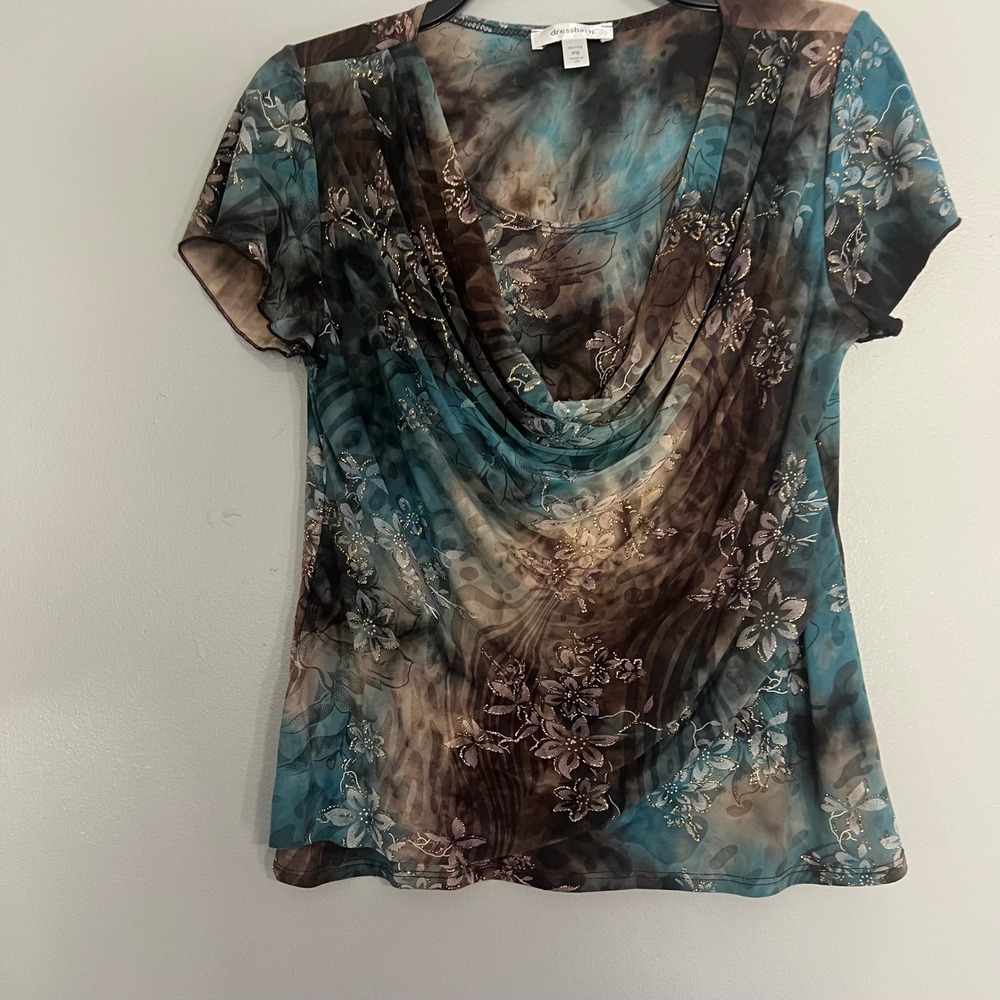 Dressbarn Petite Cowl Neck Top Teal Brown Floral Animal Print Glitter PS USA y2K